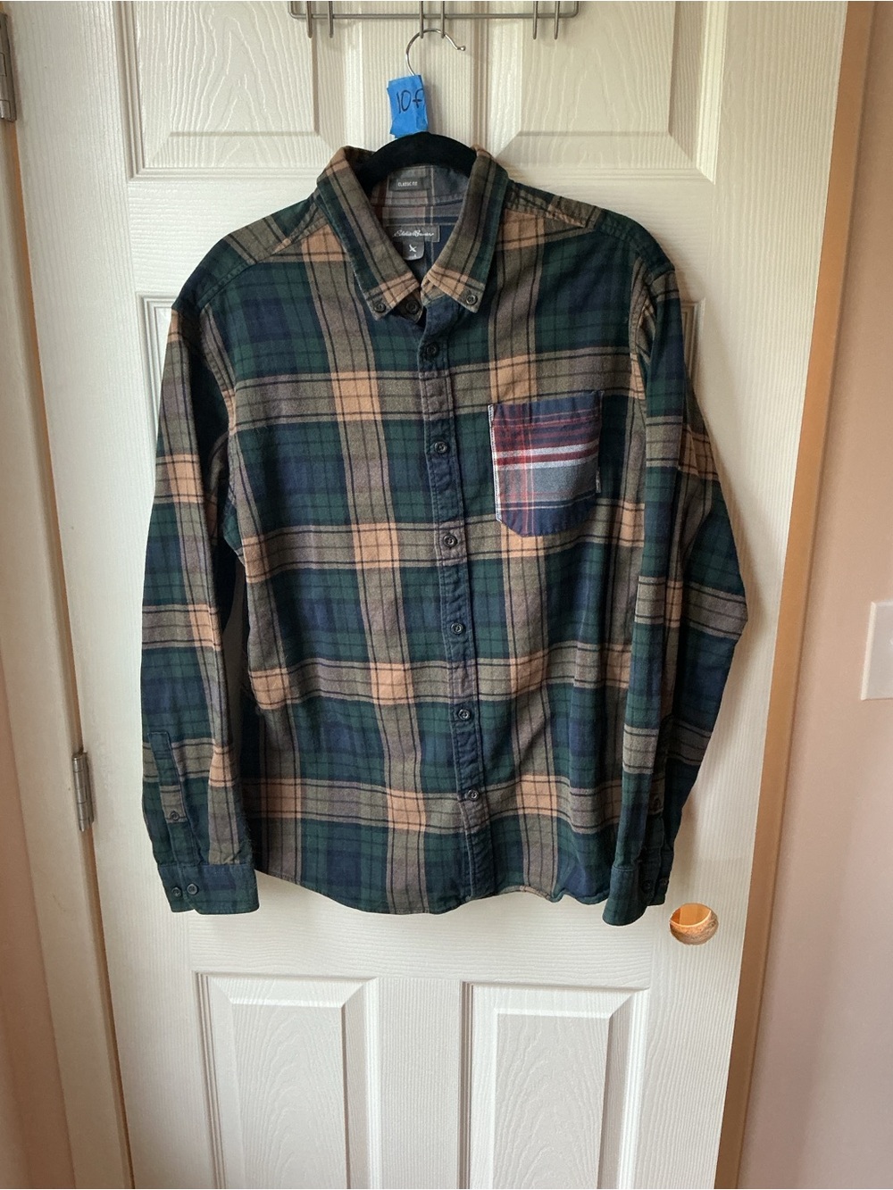 Eddie Bauer Green and Tan Plaid Long-Sleeve Button-Down Shirt